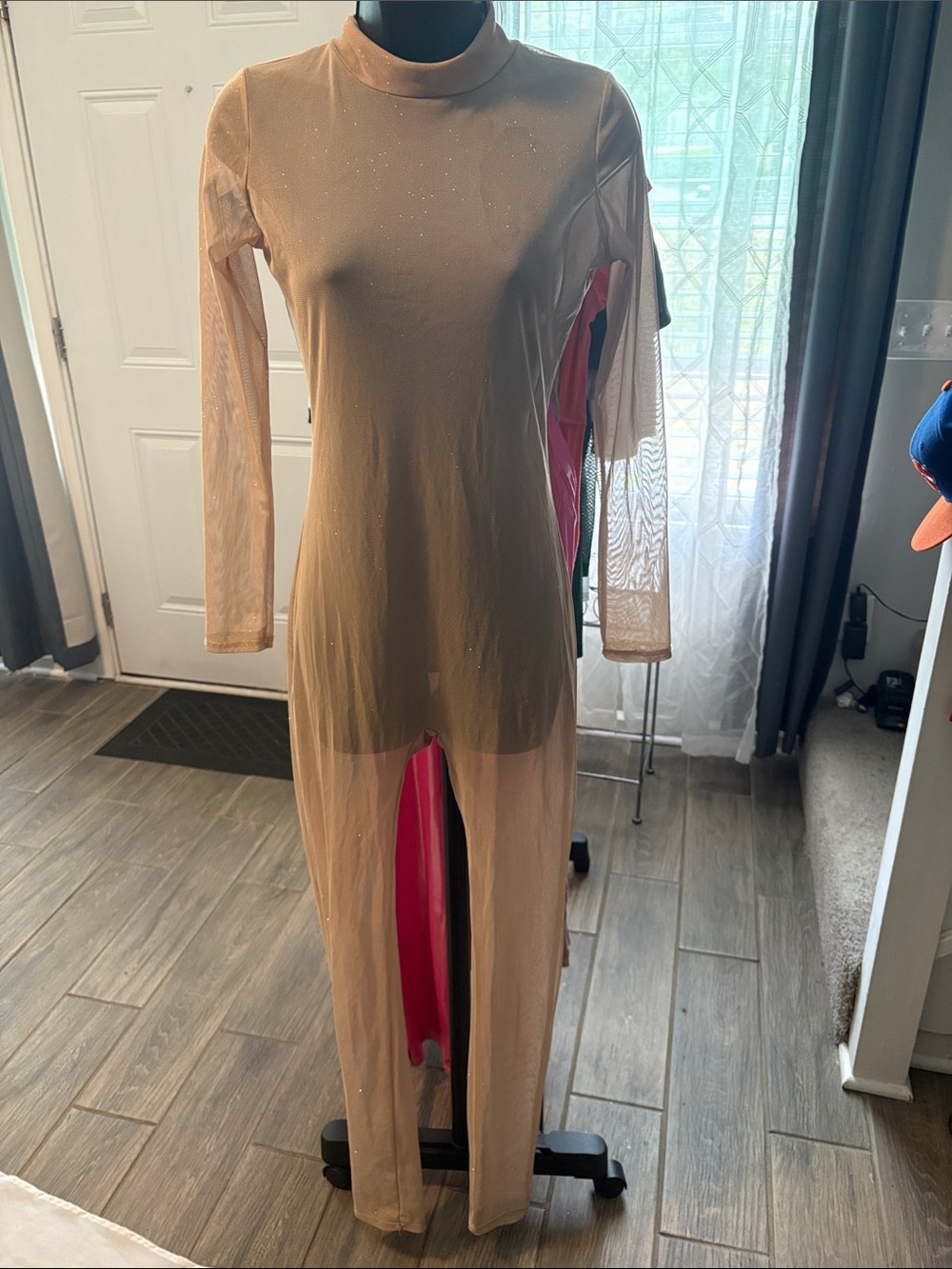 M brand Sheer Long Sleeve Maxi Dress in Nude medium
